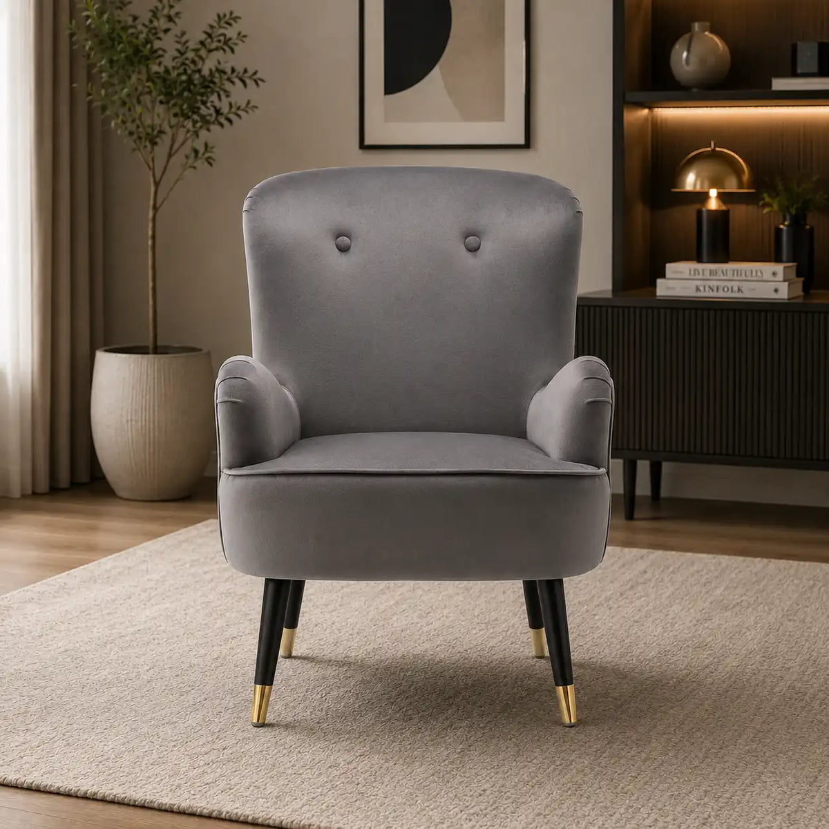 Luxury Grey Velvet Comfy Lounge Chair with Footrest