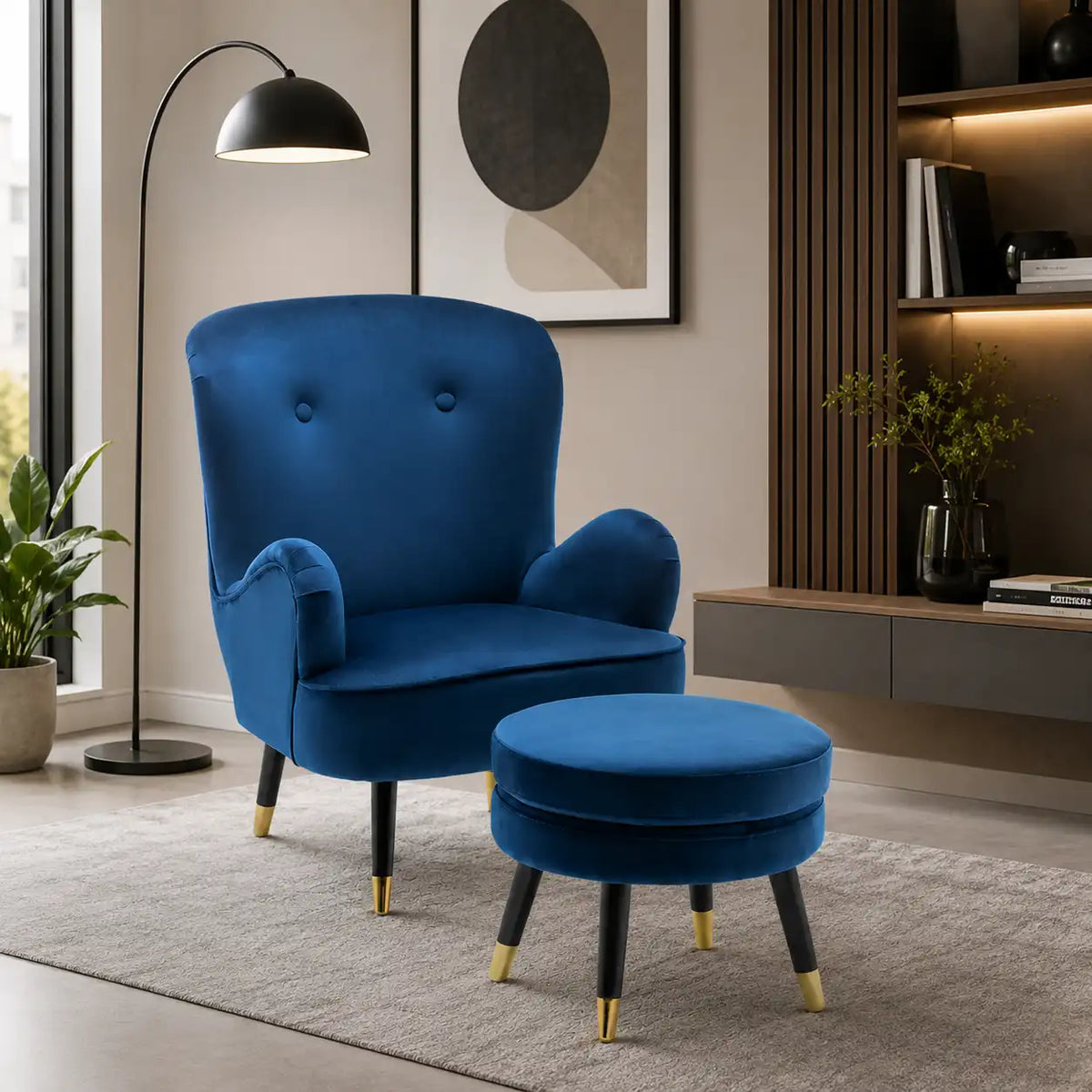 Luxury Navy Blue Comfy Velvet Lounge Chair with Footrest
