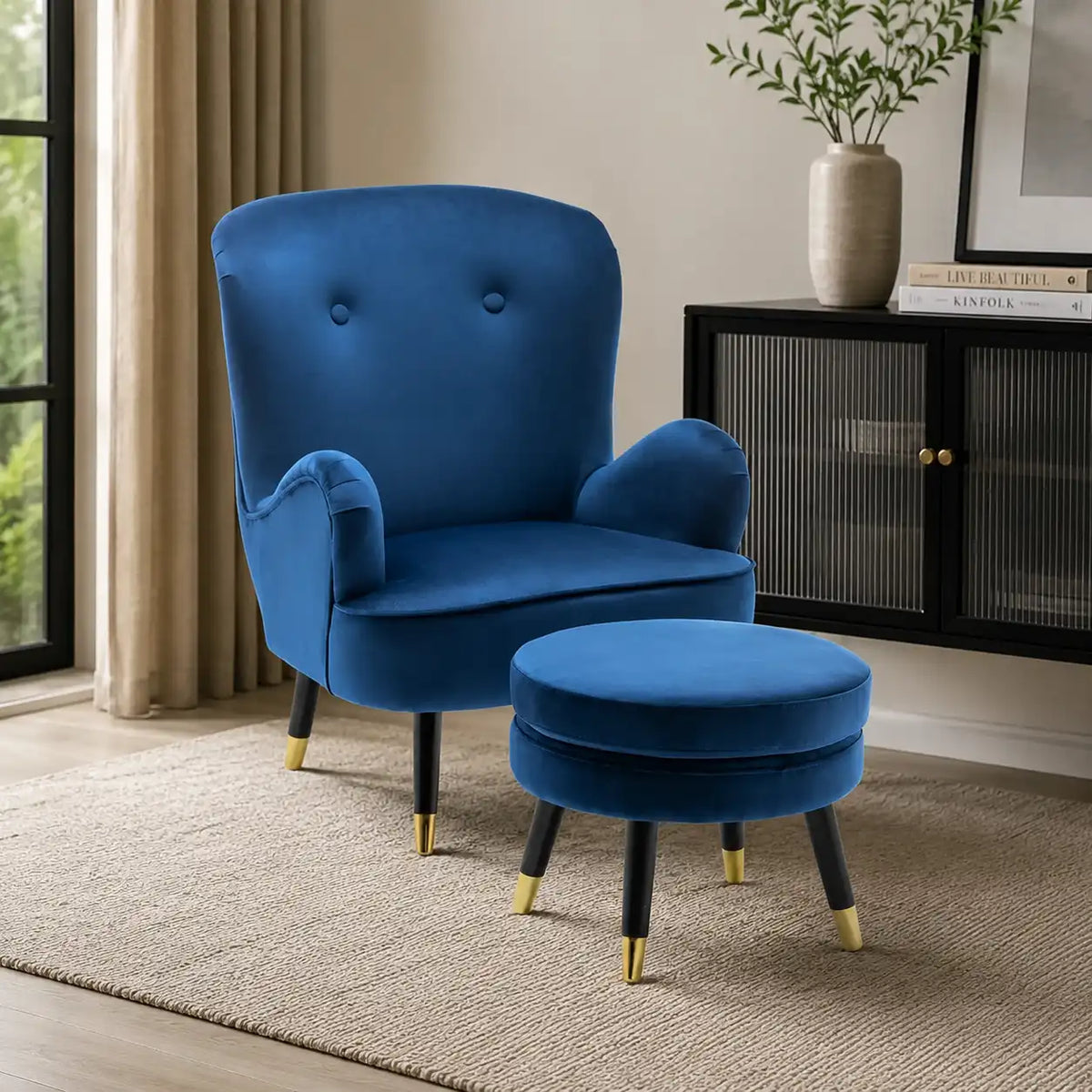 Luxury Navy Blue Comfy Velvet Lounge Chair with Footrest