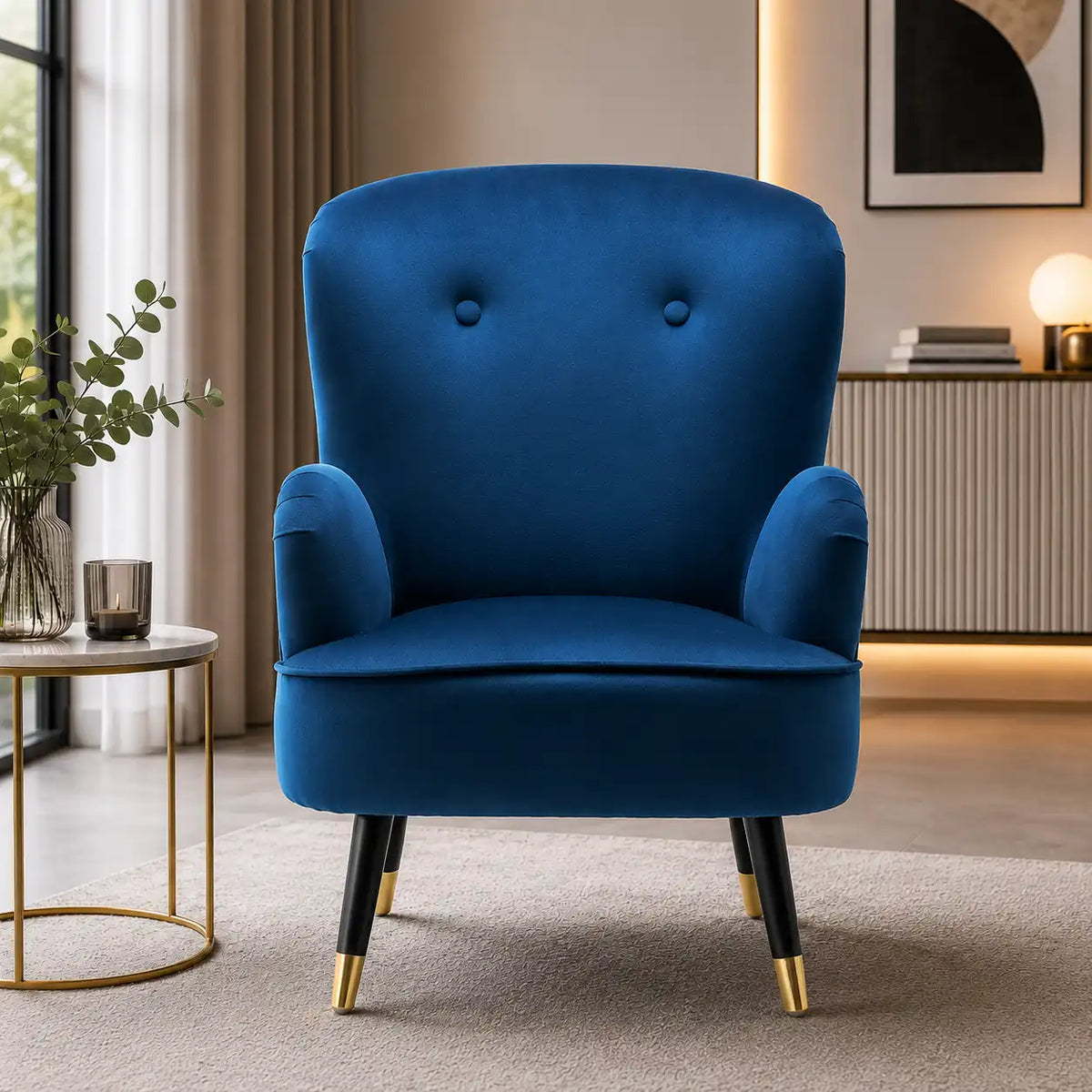 Luxury Navy Blue Comfy Velvet Lounge Chair with Footrest