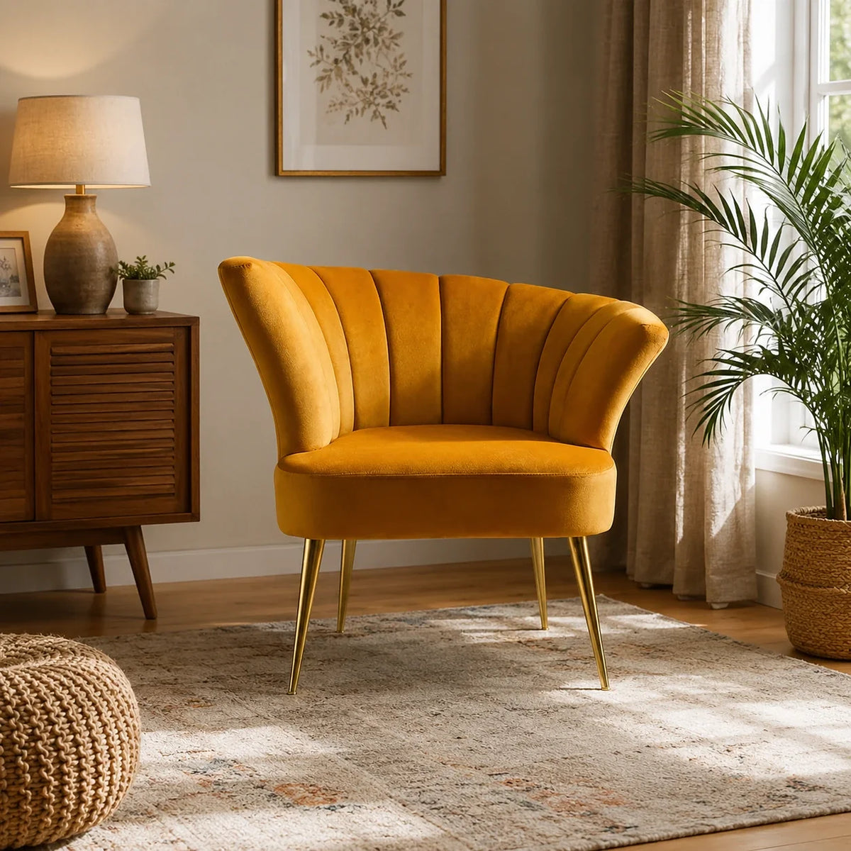 Luxury Opening Shell Designer Yellow Velvet Sofa Lounge Chair
