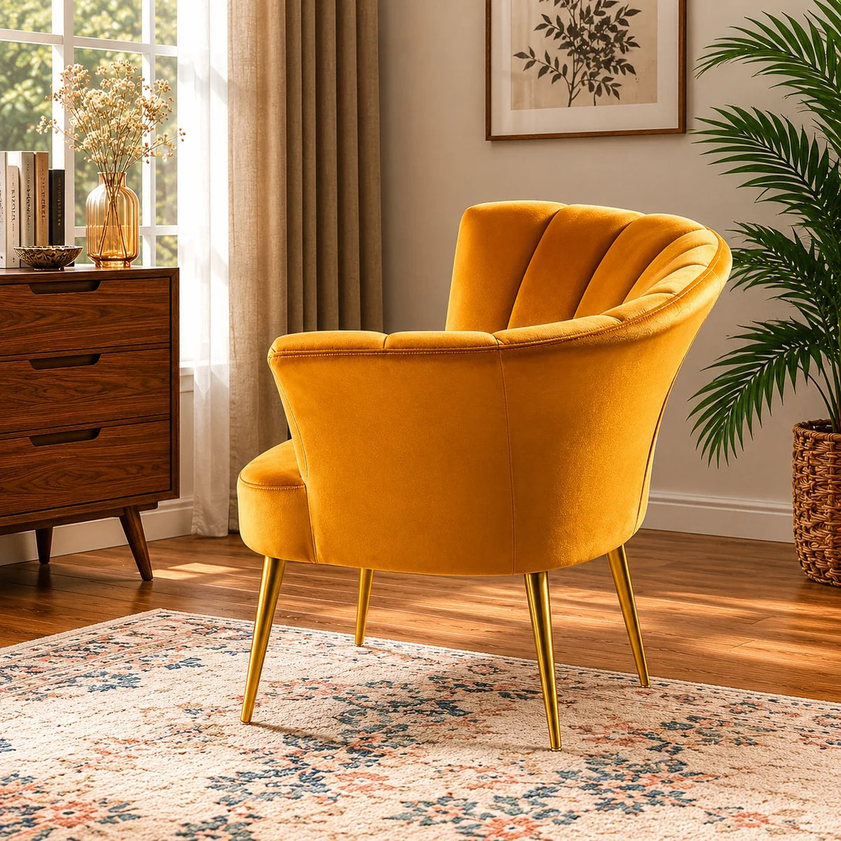 Luxury Opening Shell Designer Yellow Velvet Sofa Lounge Chair