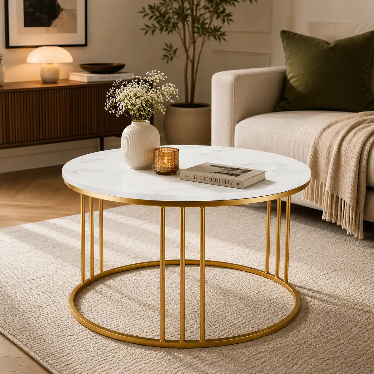 Luxury Round Marble White Matte Finish Metal Center Table