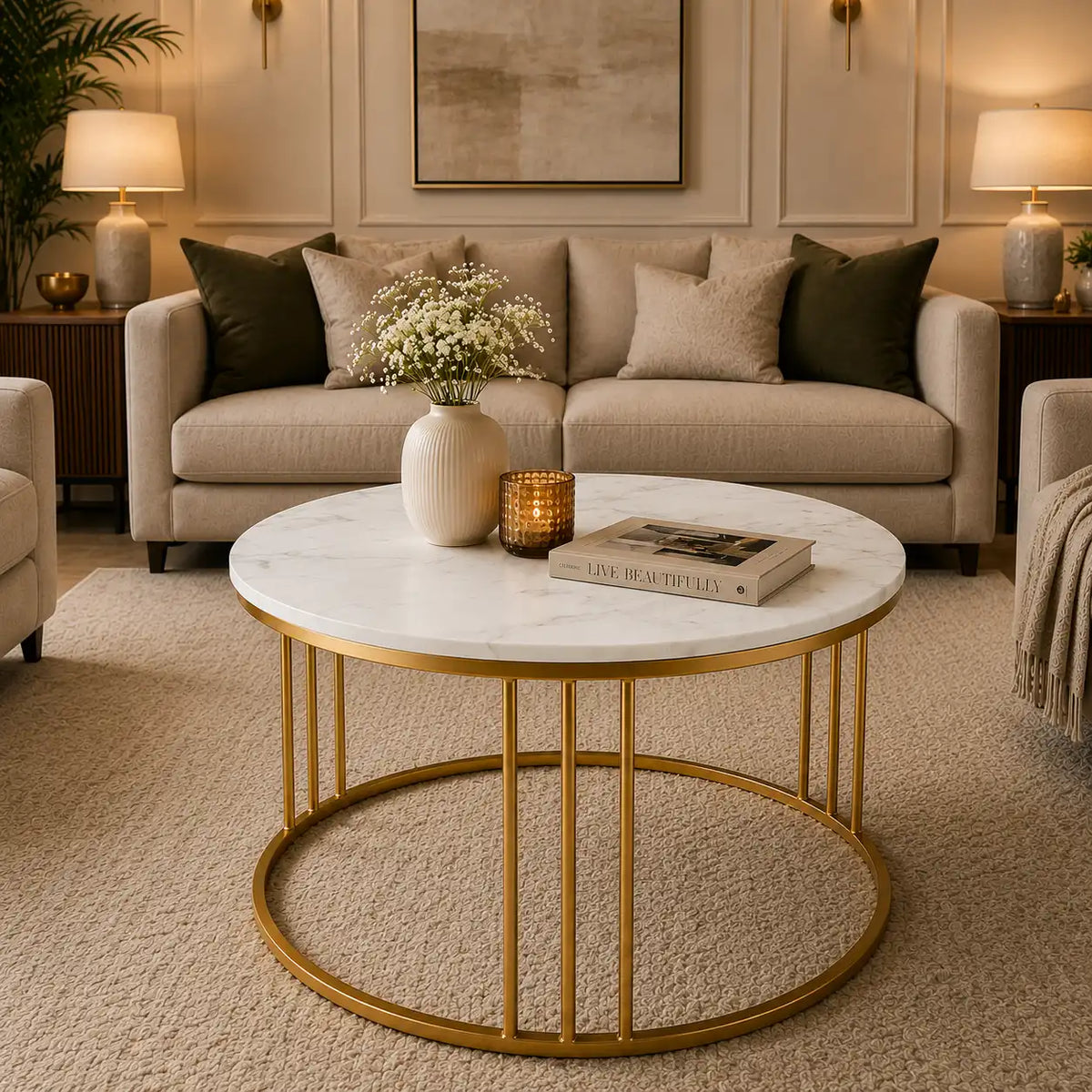 Luxury Round Marble White Matte Finish Metal Center Table