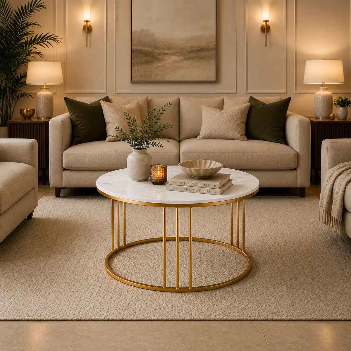 Luxury Round Marble White Matte Finish Metal Center Table