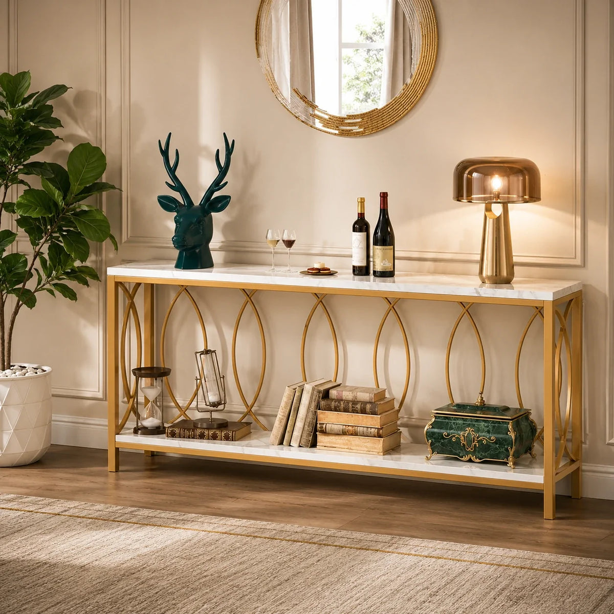 Luxury Style White Faux Marble Two Tier Console Table