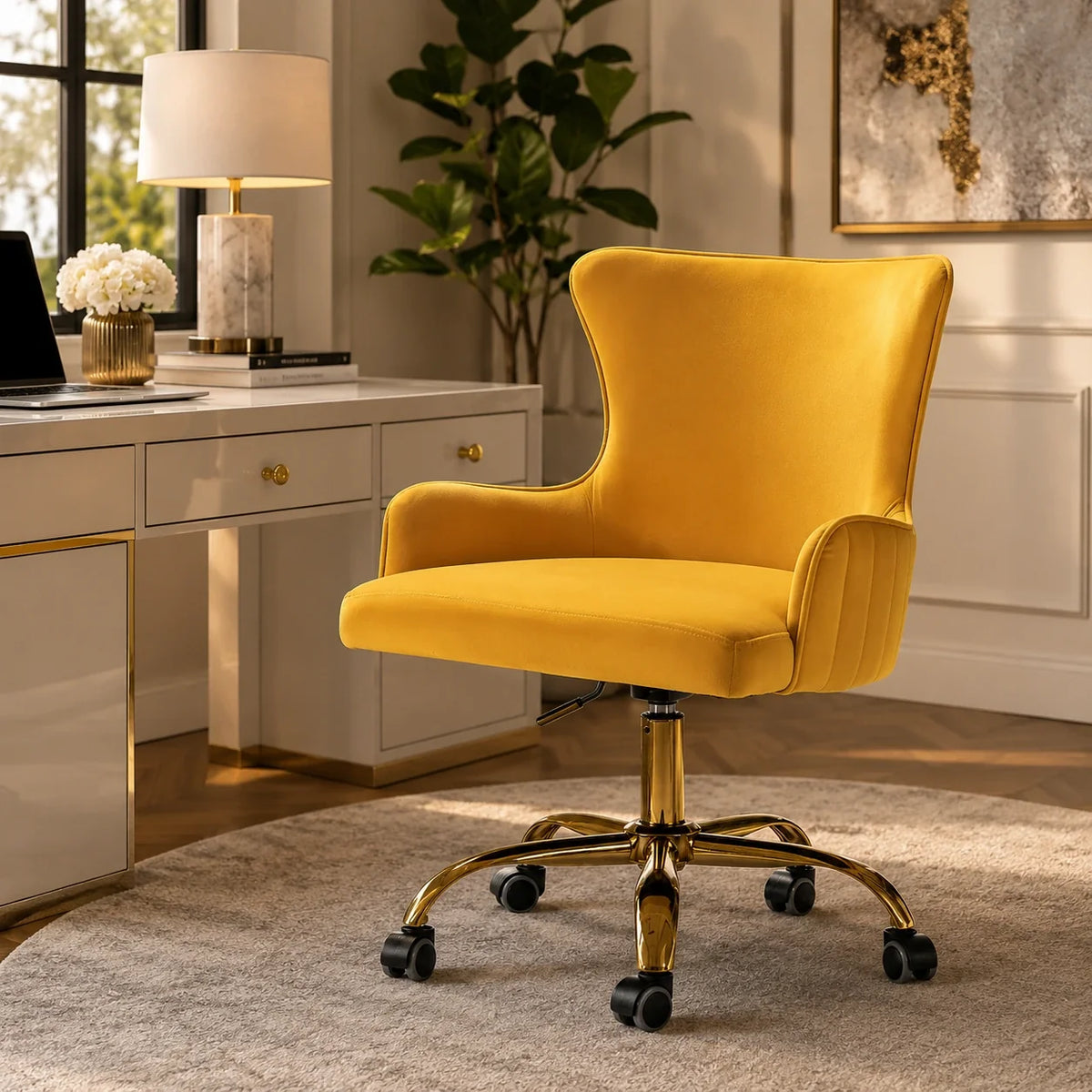 Luxury Yellow Velvet Comfy Armchair with Golden Base