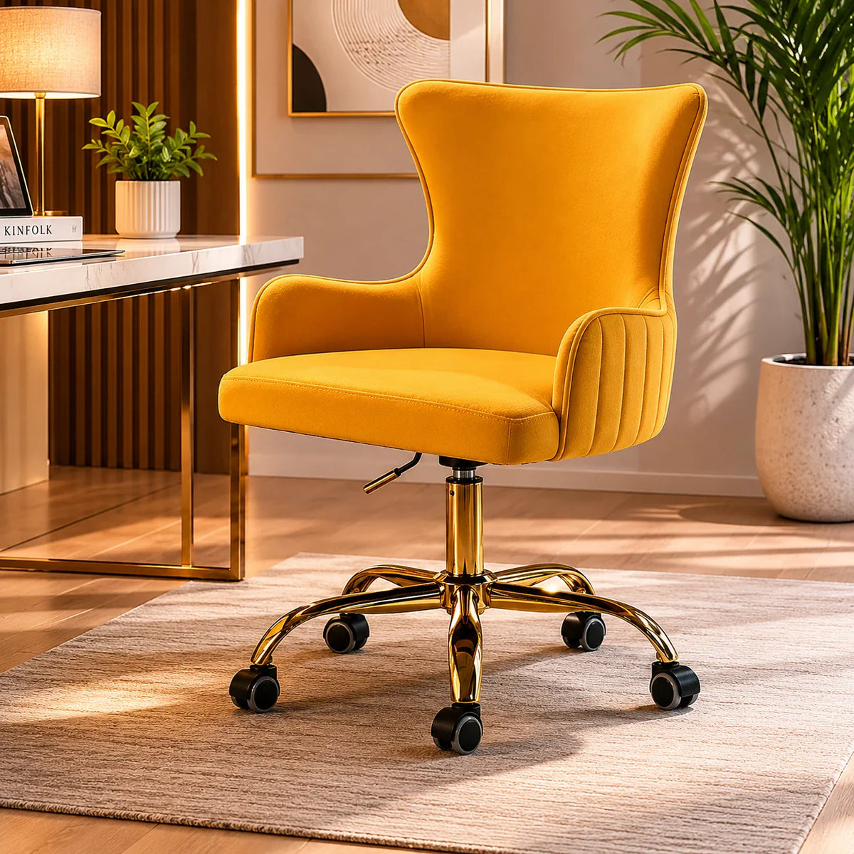 Luxury Yellow Velvet Comfy Armchair with Golden Base