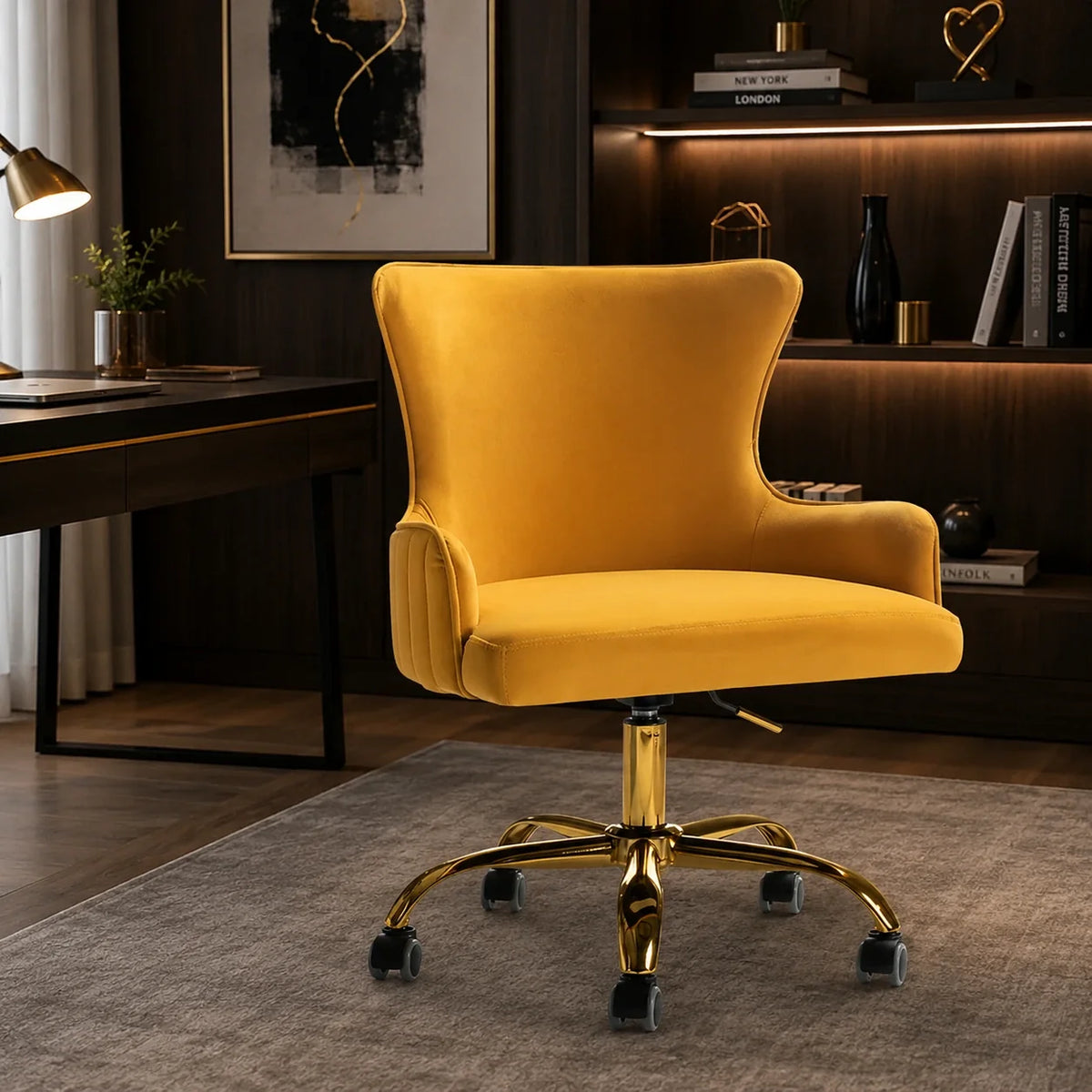 Luxury Yellow Velvet Comfy Armchair with Golden Base