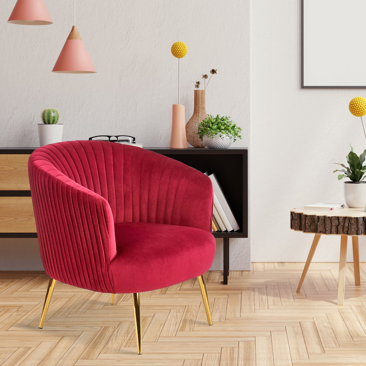 Maroon Cocooned Pattern Velvet Lounge Chair