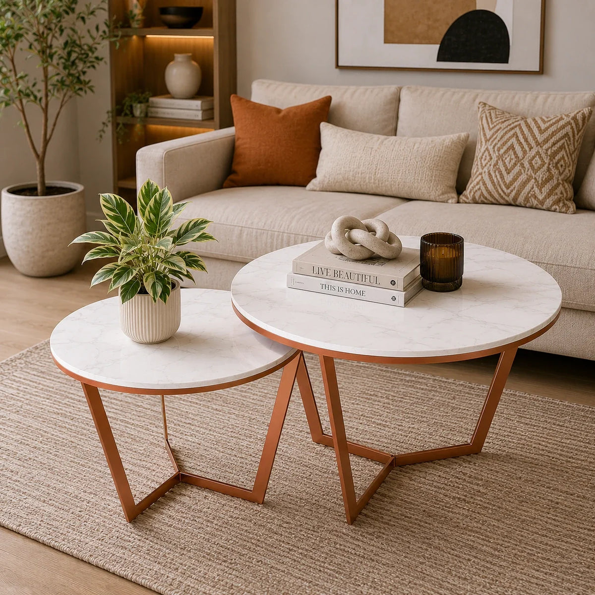 Metallic Nesting Center Tables of Copper Luxe Base Set of 2