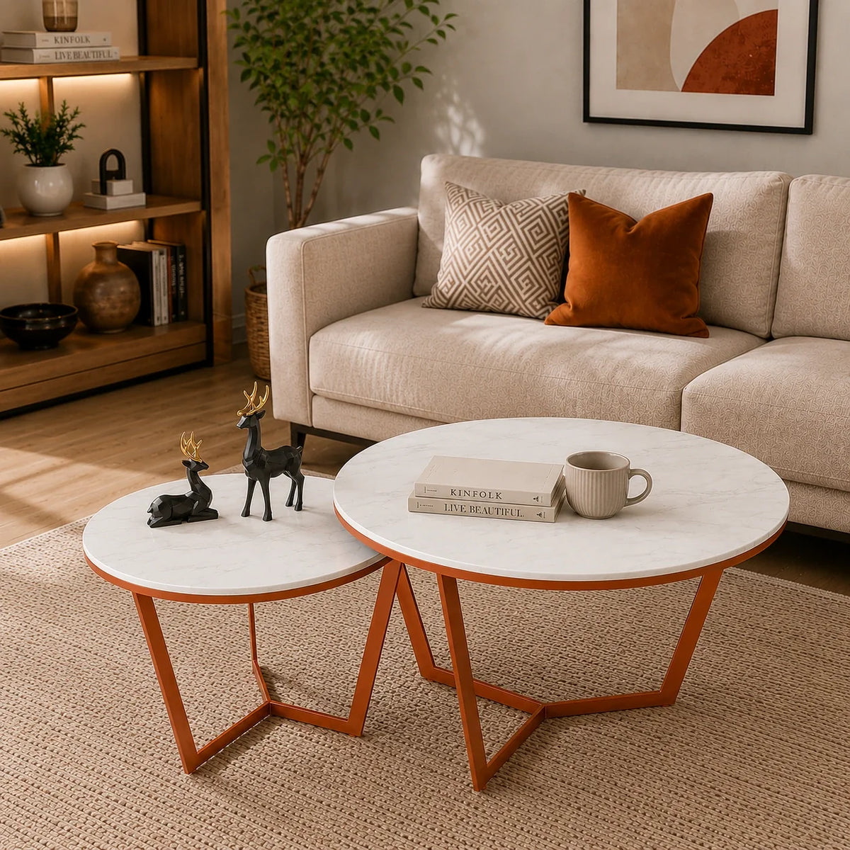 Metallic Nesting Center Tables of Copper Luxe Base Set of 2