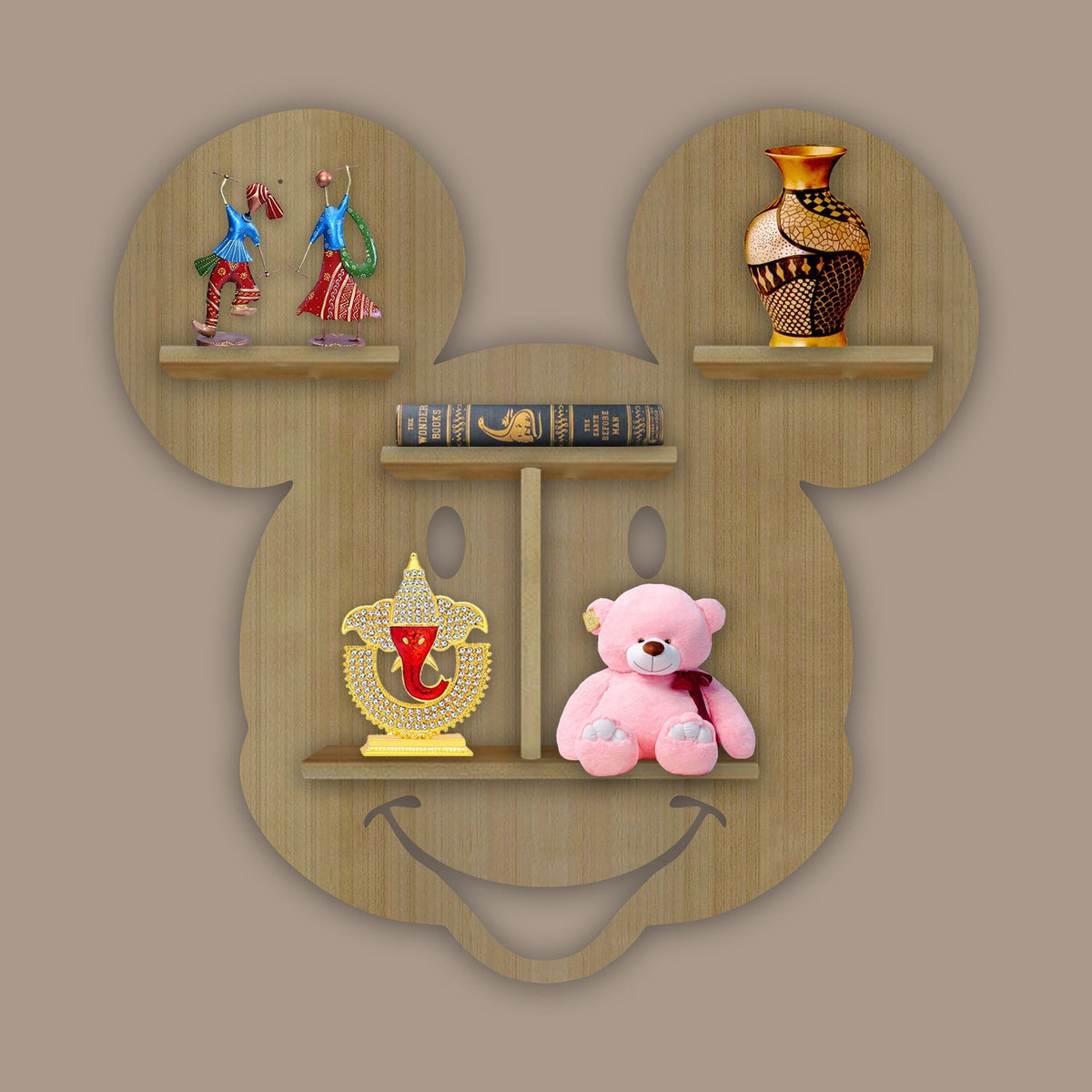 Mickey Mouse Face Shape Wooden LED Light Wall Shelf with Oak Finish