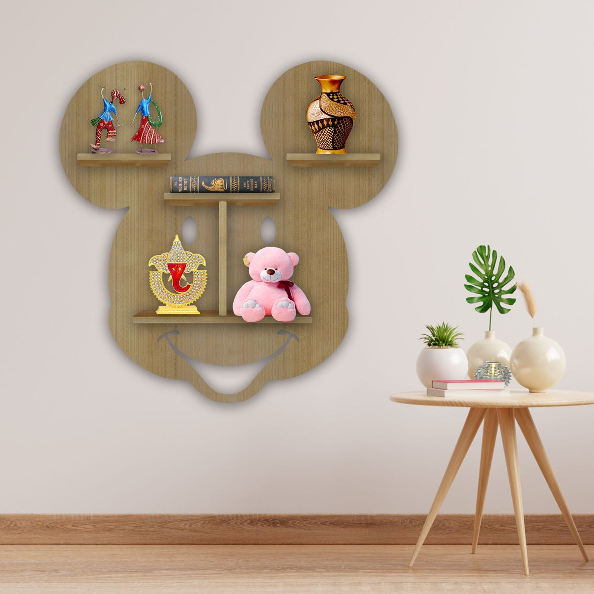 Mickey Mouse Face Shape Wooden LED Light Wall Shelf with Oak Finish