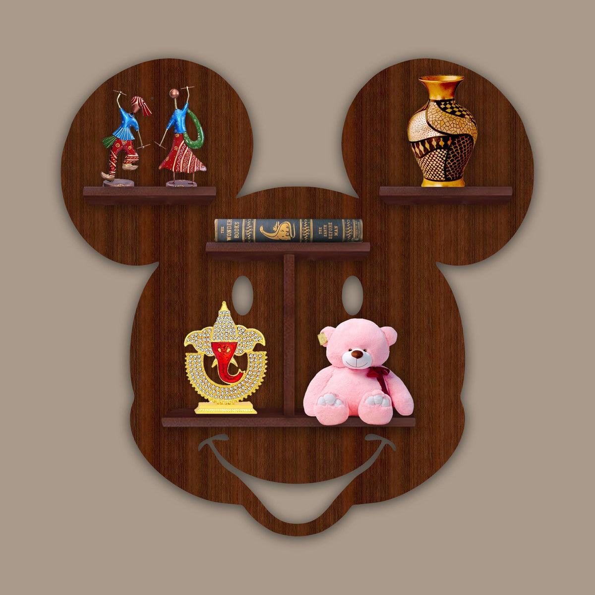 Mickey Mouse Face Shape Wooden LED Light Wall Shelf with Walnut Finish