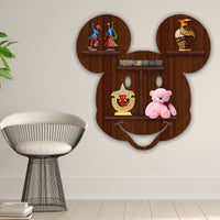 Mickey Mouse Face Shape Wooden LED Light Wall Shelf with Walnut Finish