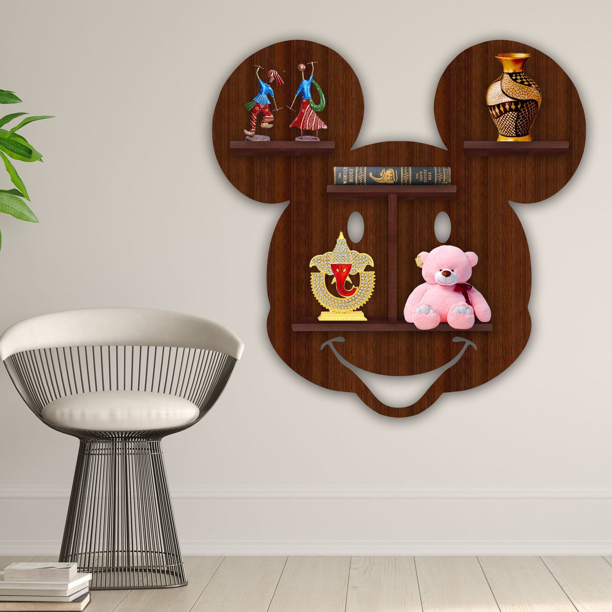 Mickey Mouse Face Shape Wooden LED Light Wall Shelf with Walnut Finish