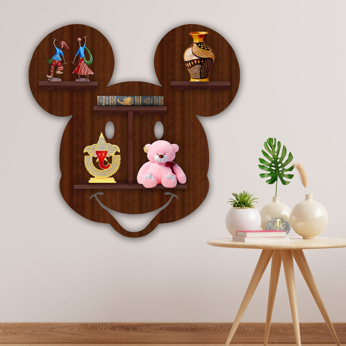Mickey Mouse Face Shape Wooden LED Light Wall Shelf with Walnut Finish