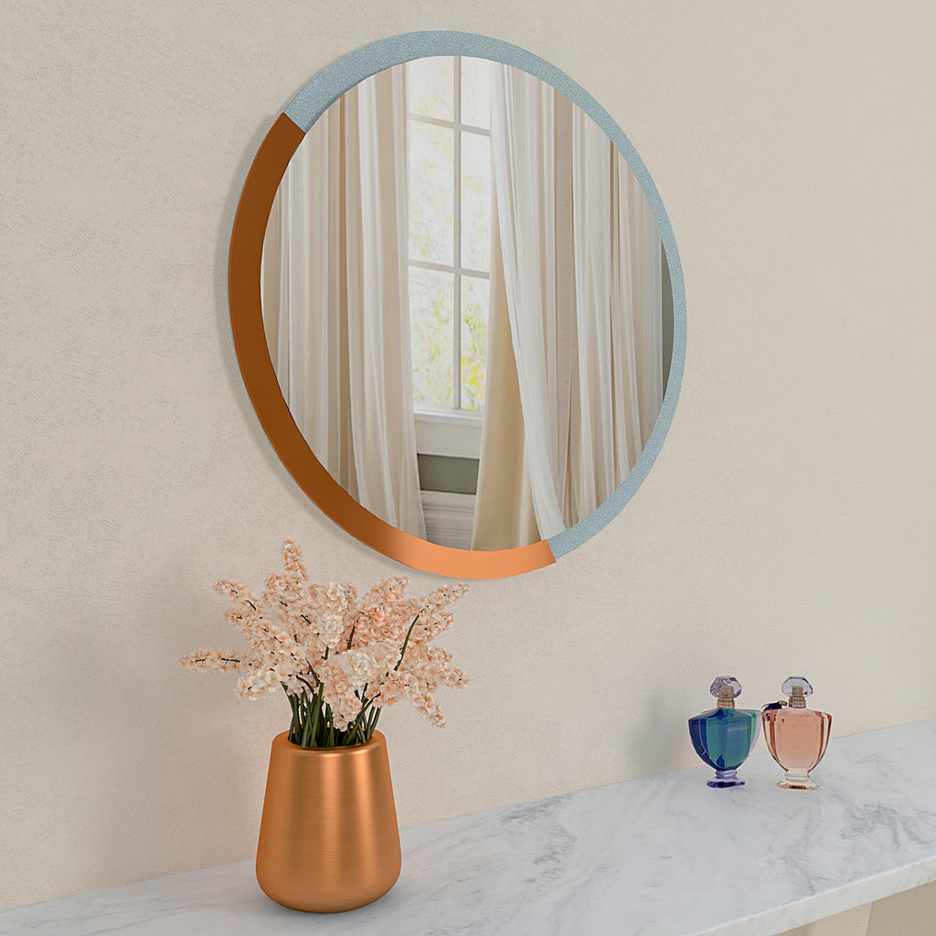 Minimalist Copper & Silver Finish Round Wooden Wall Mirror