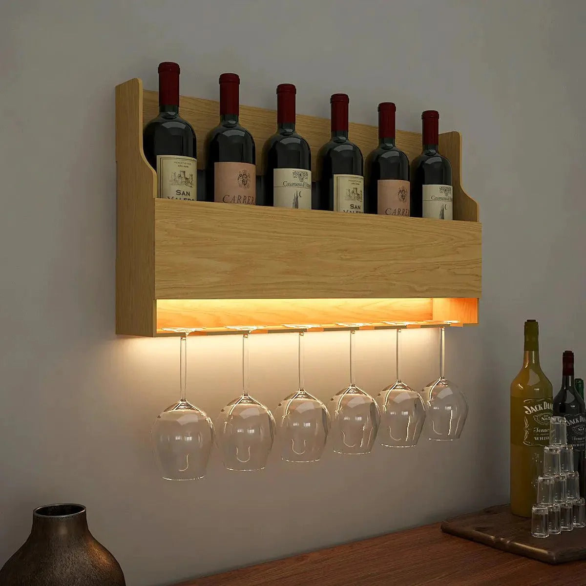 Backlit Bar Brilliance Light Oak Hanging Wine Shelf & Glass Rack