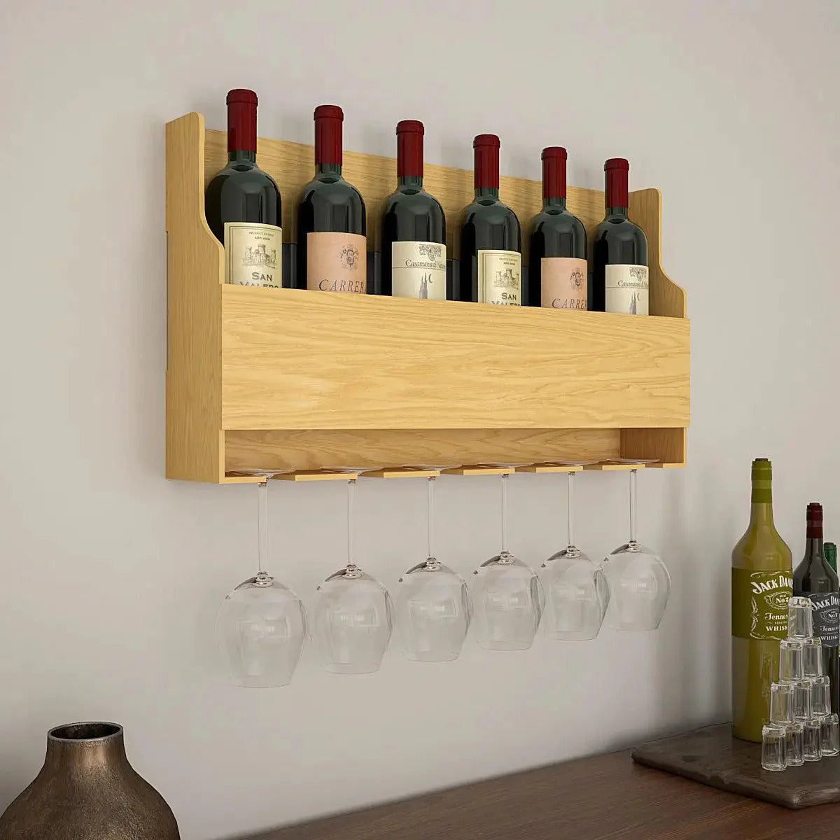 Backlit Bar Brilliance Light Oak Hanging Wine Shelf & Glass Rack