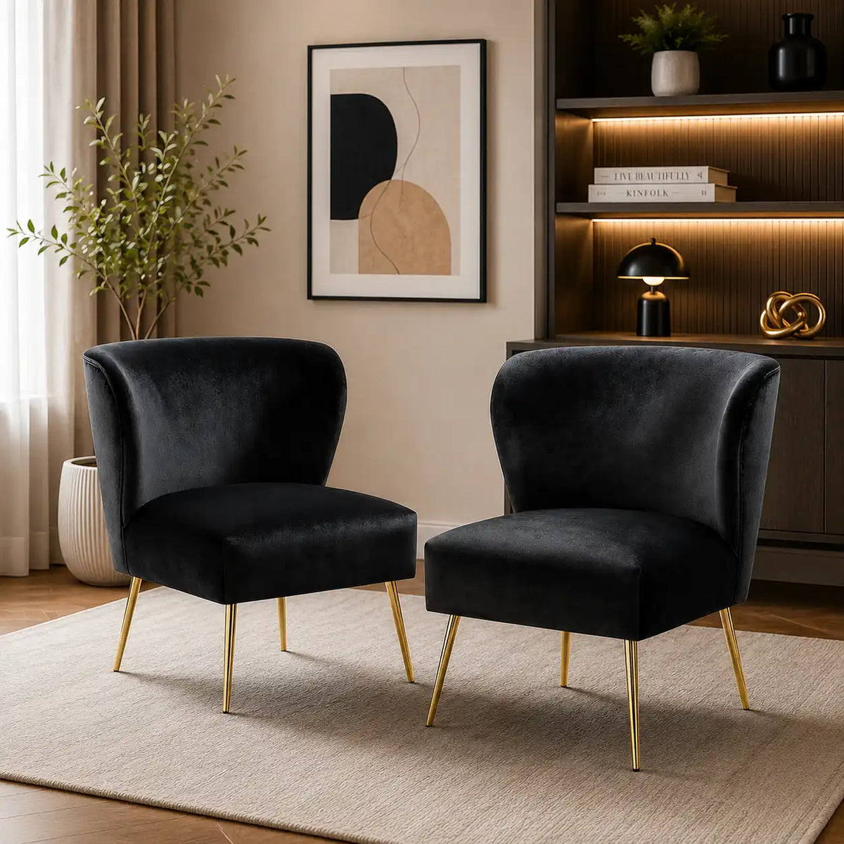 Minimalist Design Jet Black Velvet Lounge Chairs
