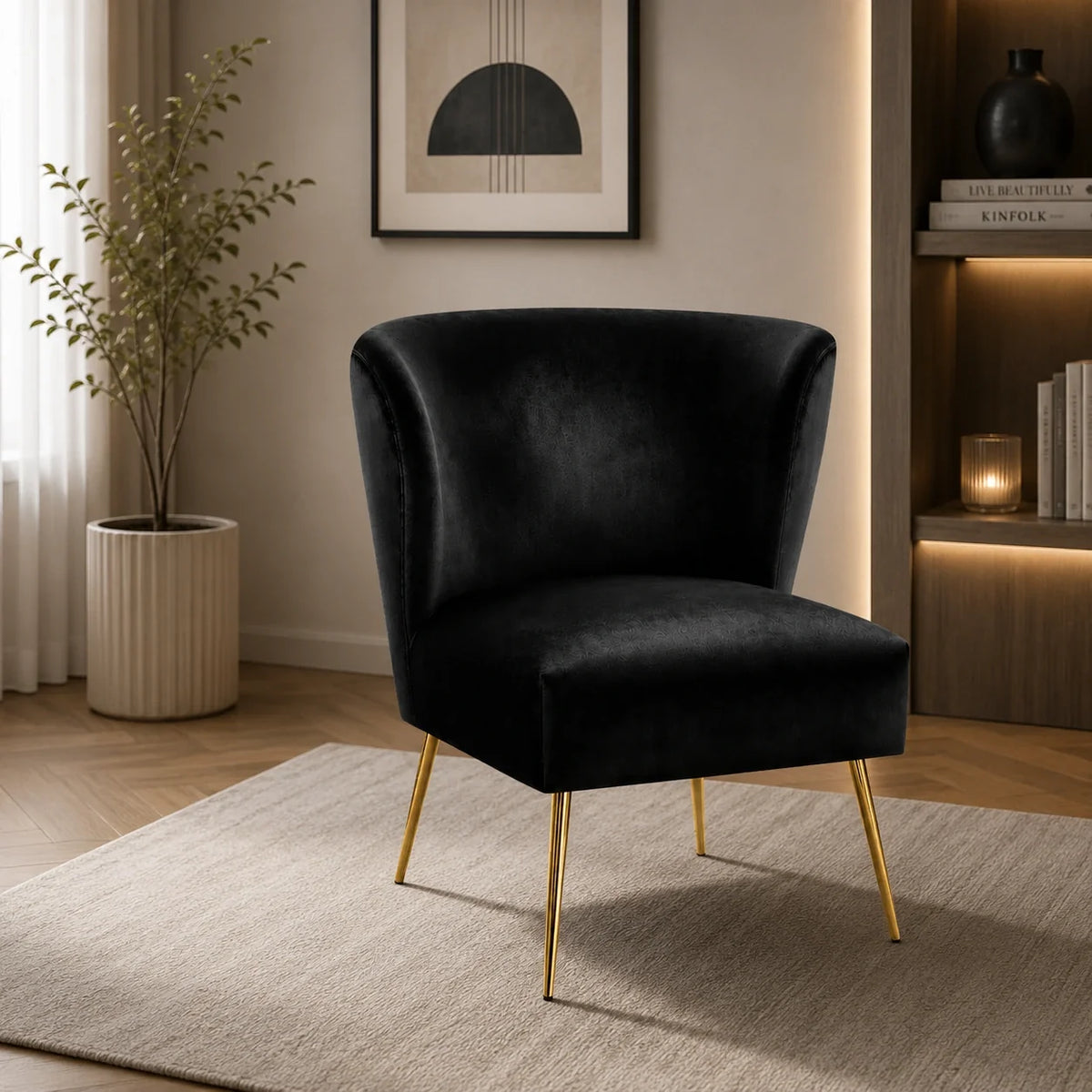 Minimalist Design Jet Black Velvet Lounge Chairs