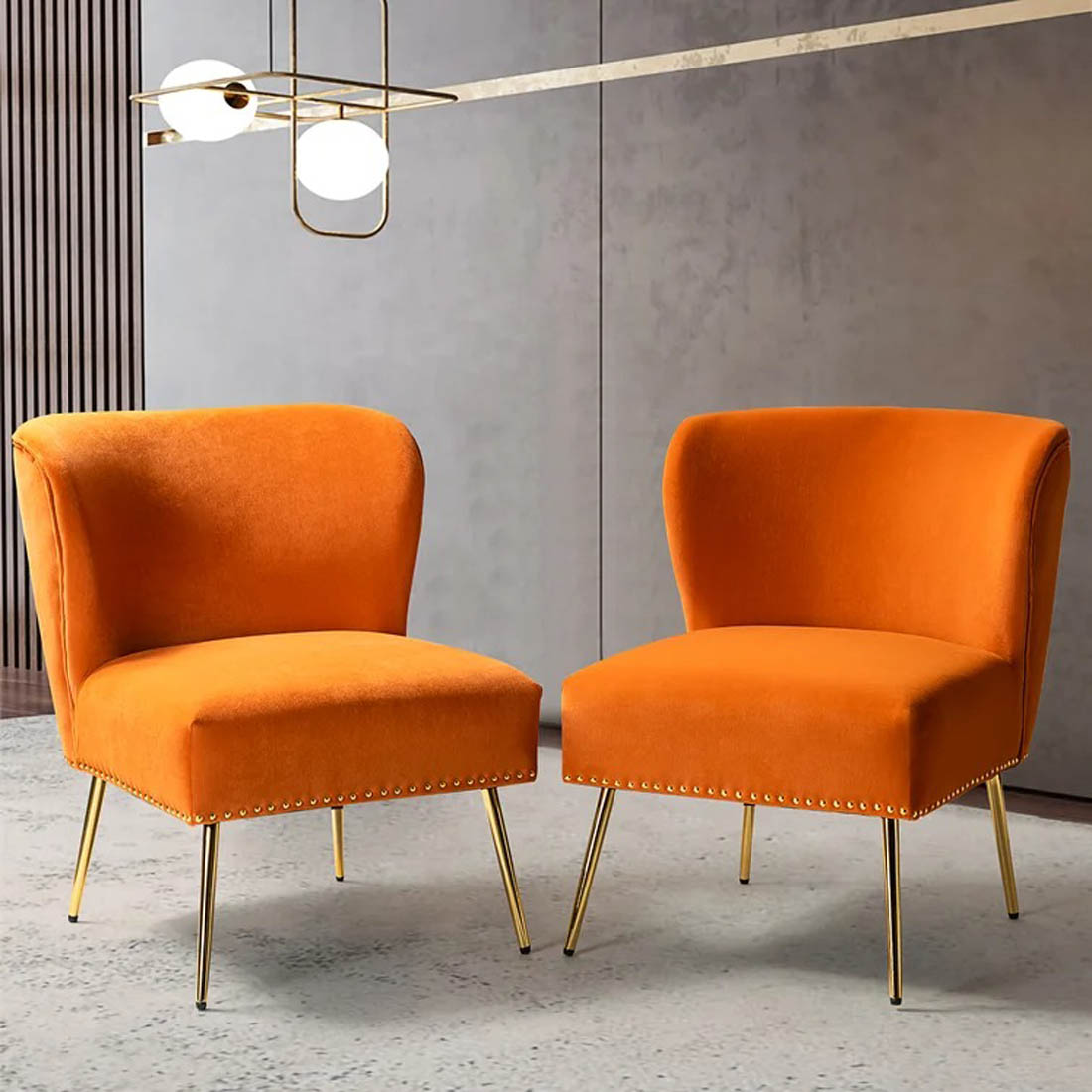 Minimalist Design Orange Velvet Lounge Chairs