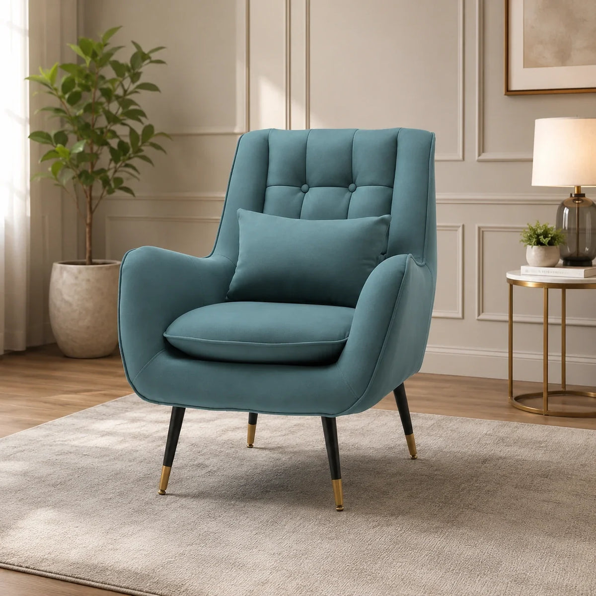 Minimalist Olive Green Thick Padded Velvet Sofa Lounge Chair with Cushion