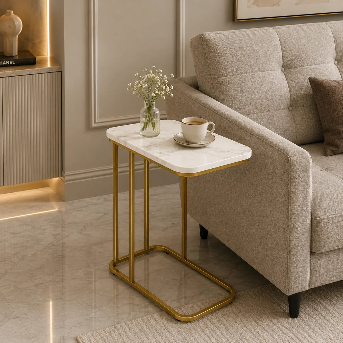 Minimalist Stylish Artistic Designer Side Table with Golden Metal Finish