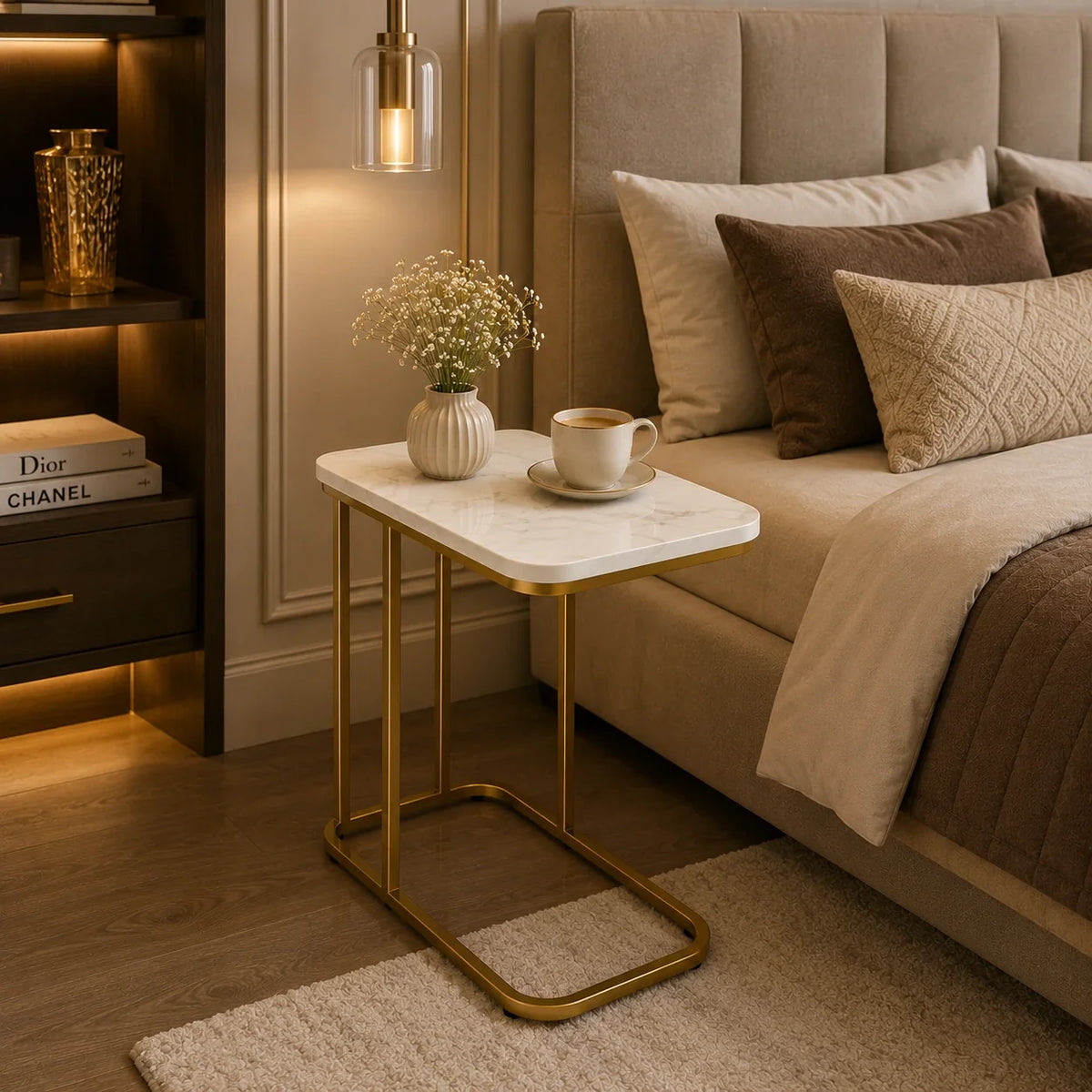 Minimalist Stylish Artistic Designer Side Table with Golden Metal Finish
