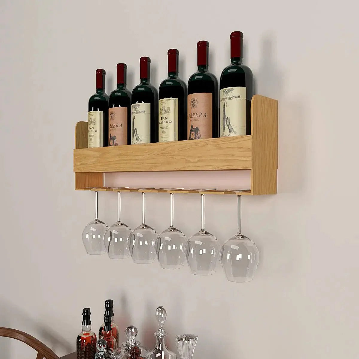 Minimalistic Design Backlit Wall Mounted Mini Bar Shelf in Light Oak Finish