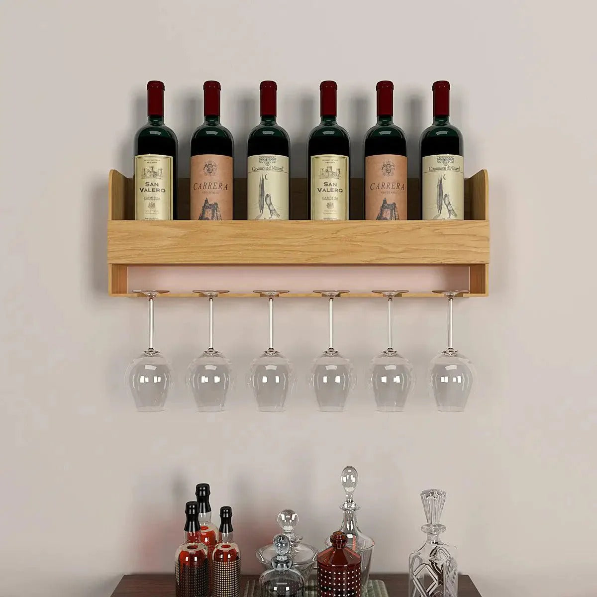 Minimalistic Design Backlit Wall Mounted Mini Bar Shelf in Light Oak Finish