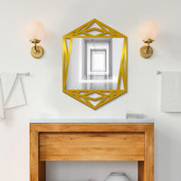 Minimalistic Geometrical Shape Wooden Golden Finish Wooden Vanity Mirror