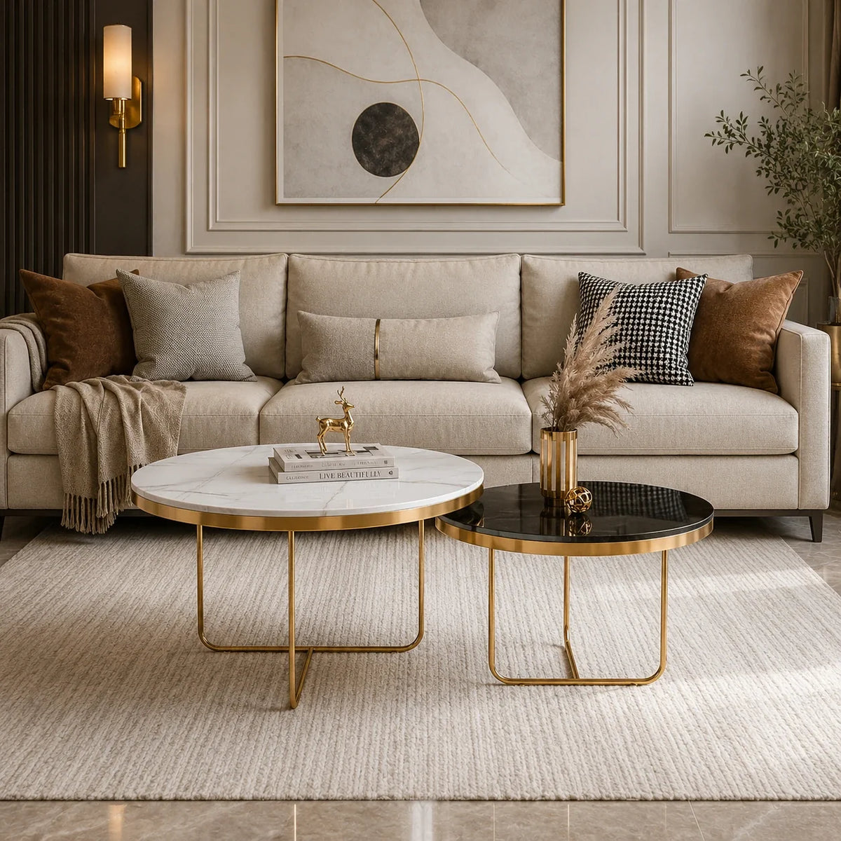 Modern Black & White Round Shaped Nesting Coffee Table Set of 2
