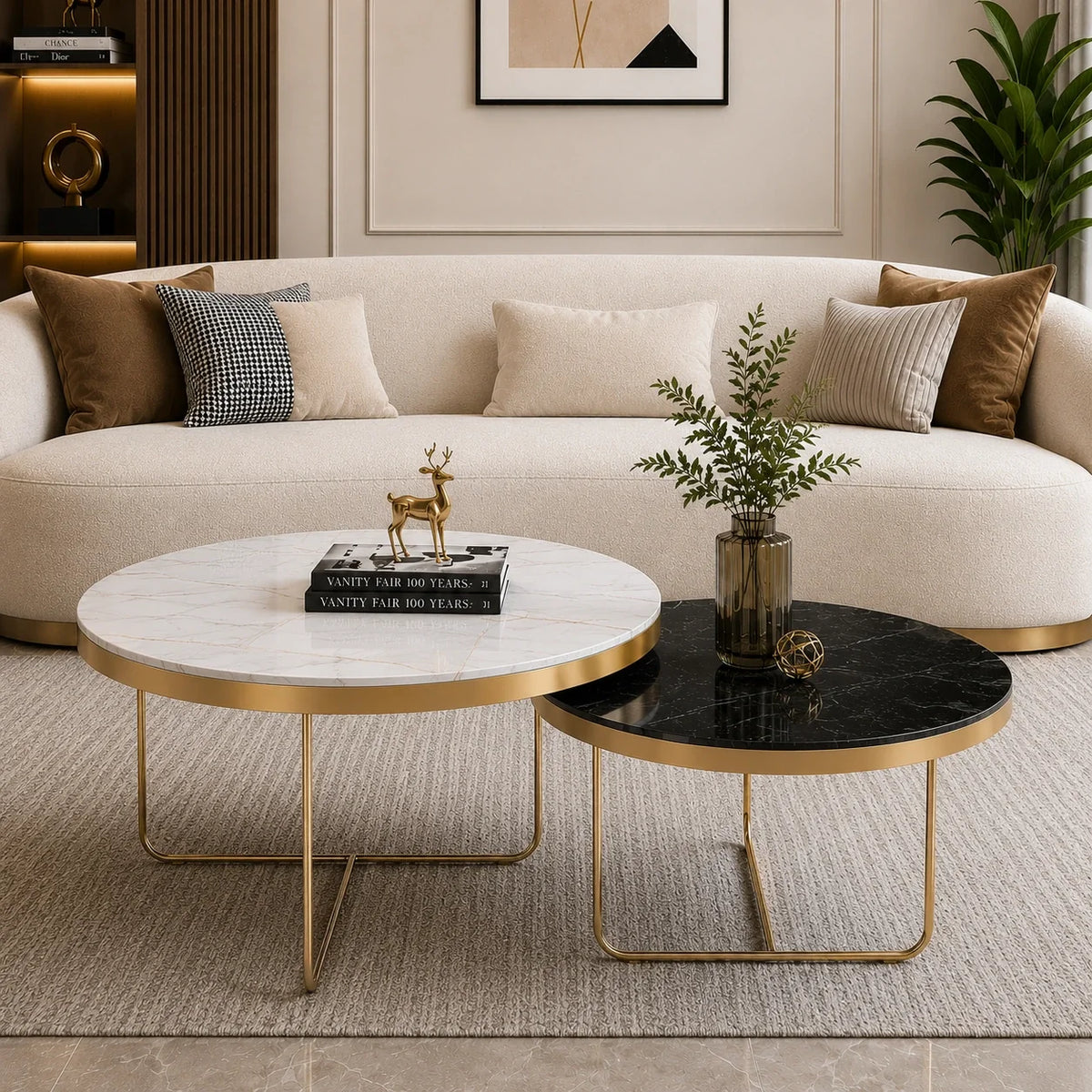 Modern Black & White Round Shaped Nesting Coffee Table Set of 2