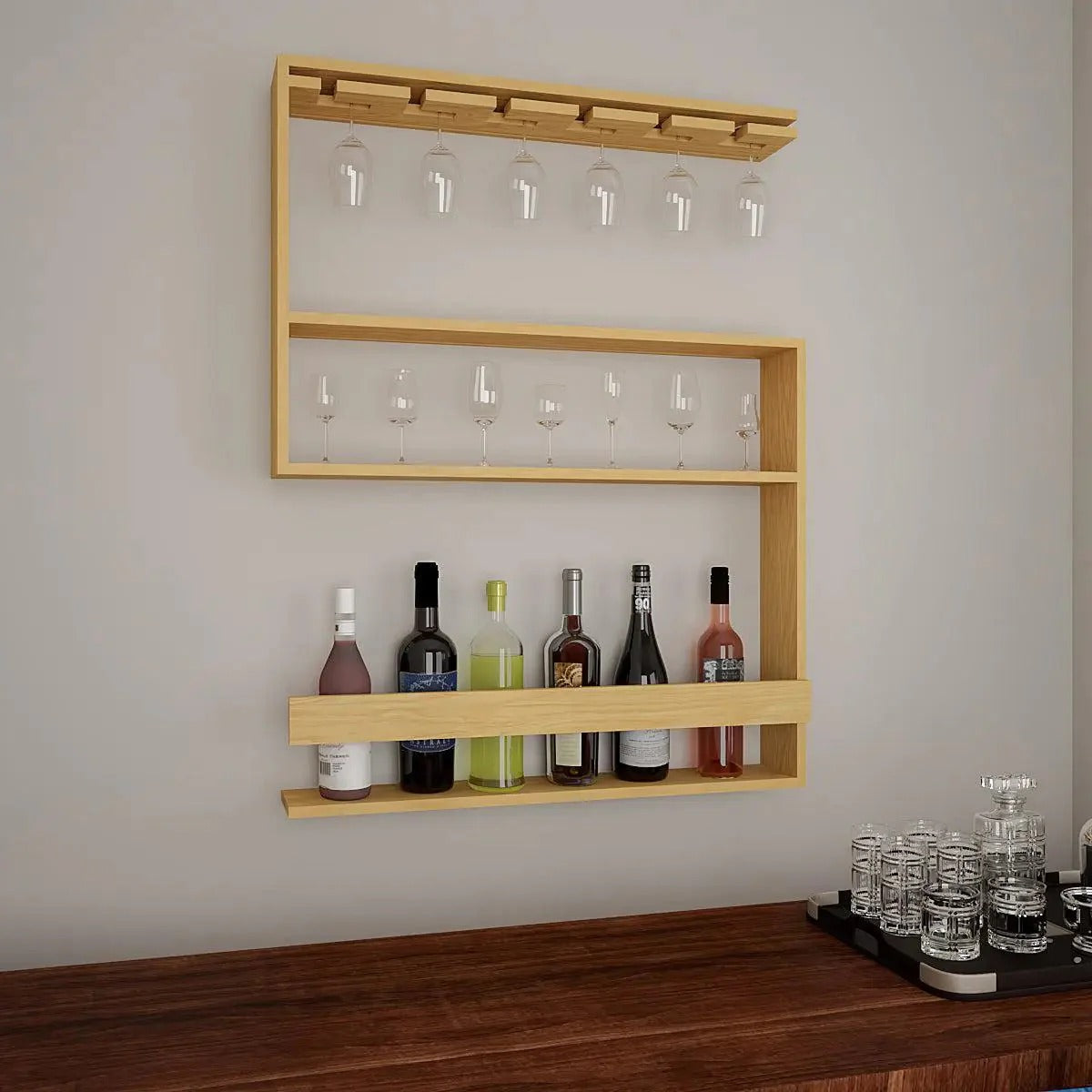 Modern Design Backlit MDF Bar Wall Shelf / Mini Bar Shelf in Light Oak Finish