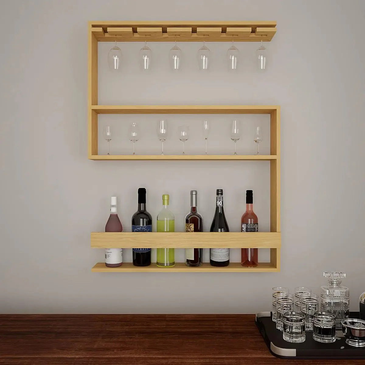 Modern Design Backlit MDF Bar Wall Shelf / Mini Bar Shelf in Light Oak Finish