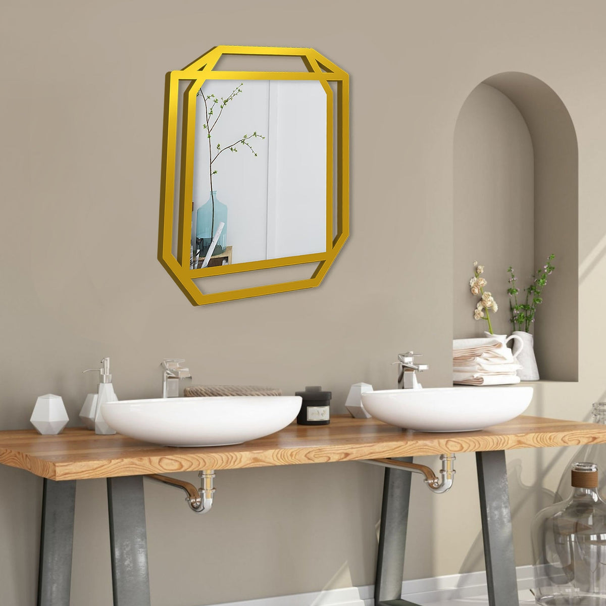 Modern Geometrical Rectangular Shape Golden Finish Wooden Vanity Mirror