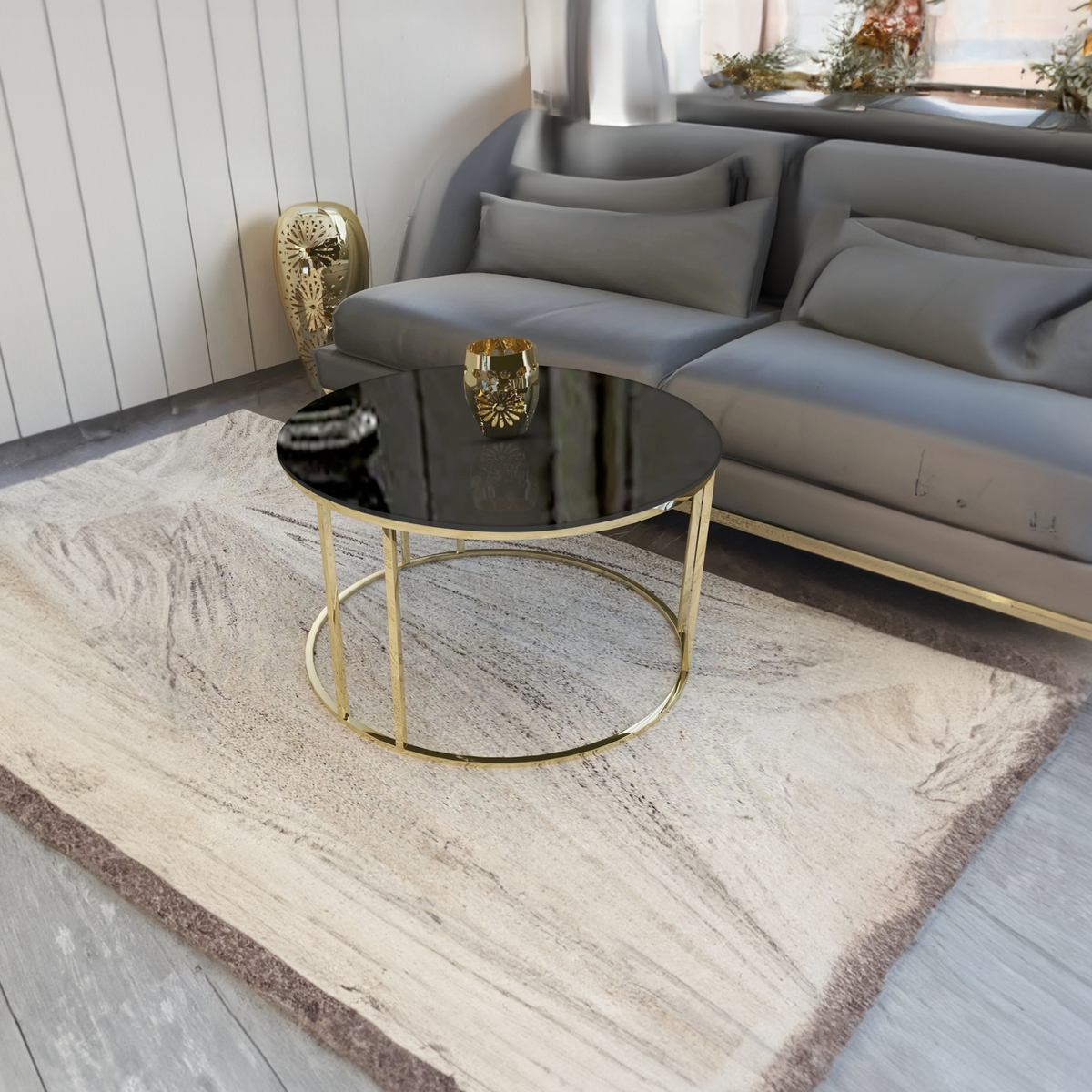 Modern Faux Marble Black Matte Finish Metal Centre Table