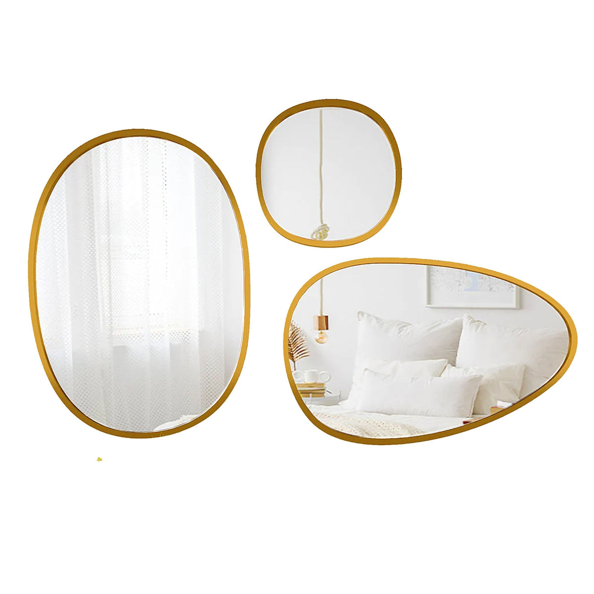 Modern Pebble Shaped Wall Mirrors Set of 3 with Golden Finish