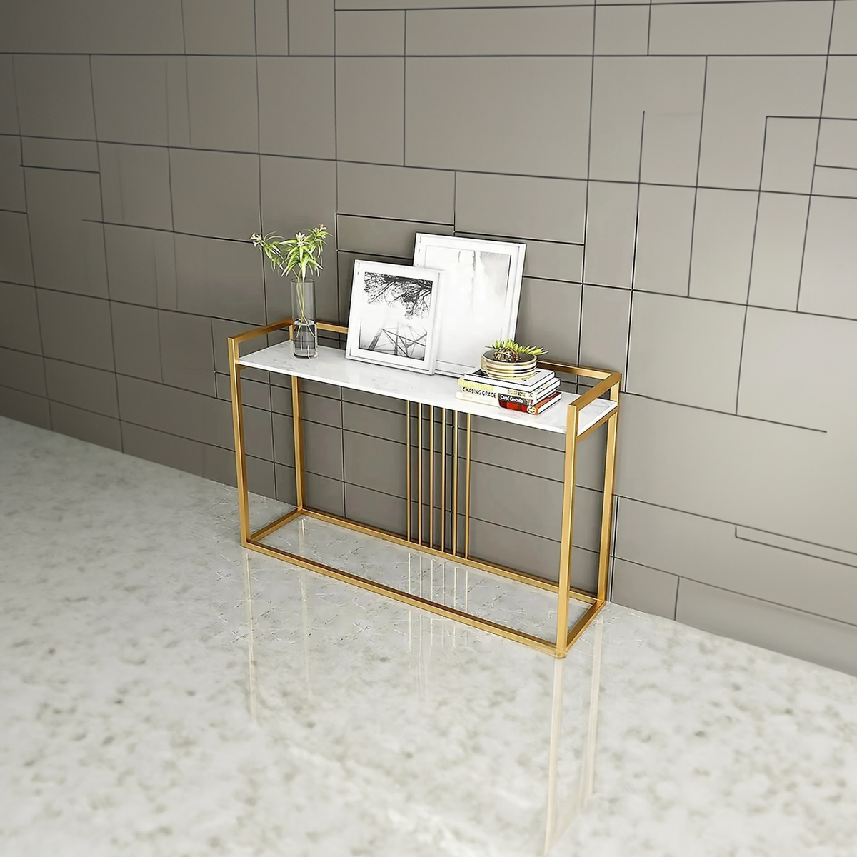 Modern Style Console Table In Sleek Golden Rods Design
