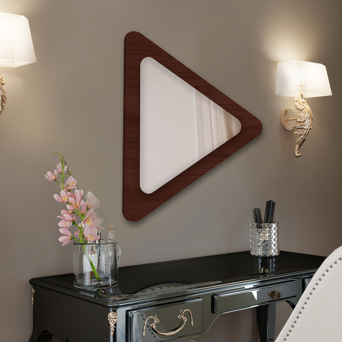 Modern Triangle Shaped Decorative Wooden Wall Mirror