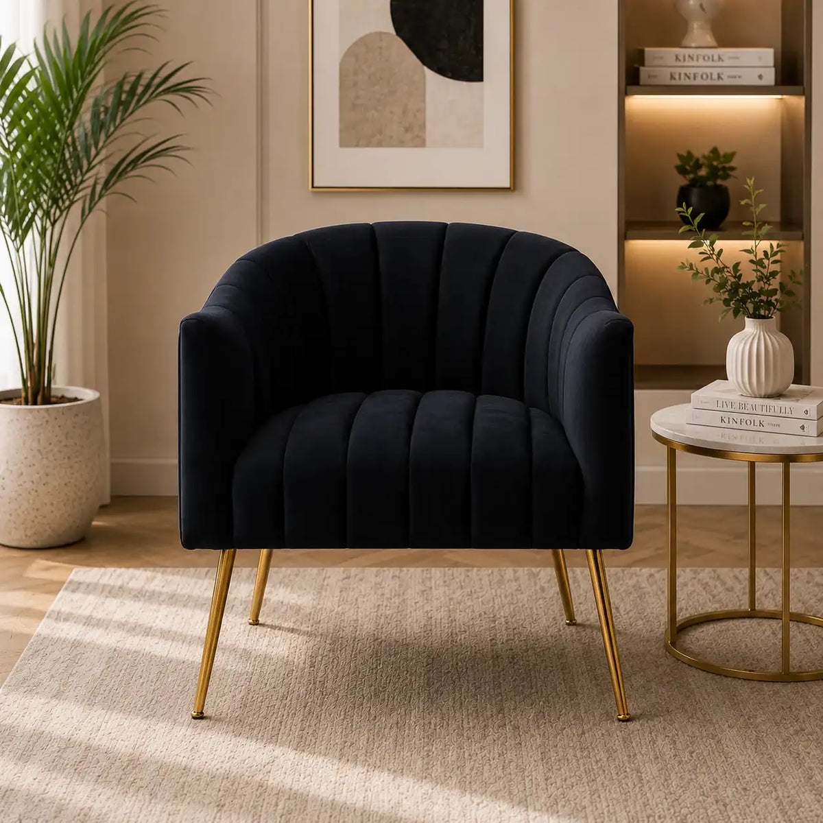 Modern Tufted Black Velvet Sofa Lounge Chair