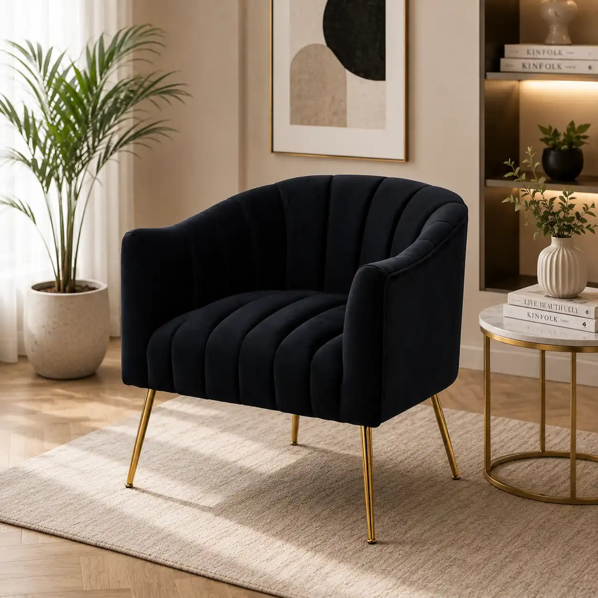 Modern Tufted Black Velvet Sofa Lounge Chair