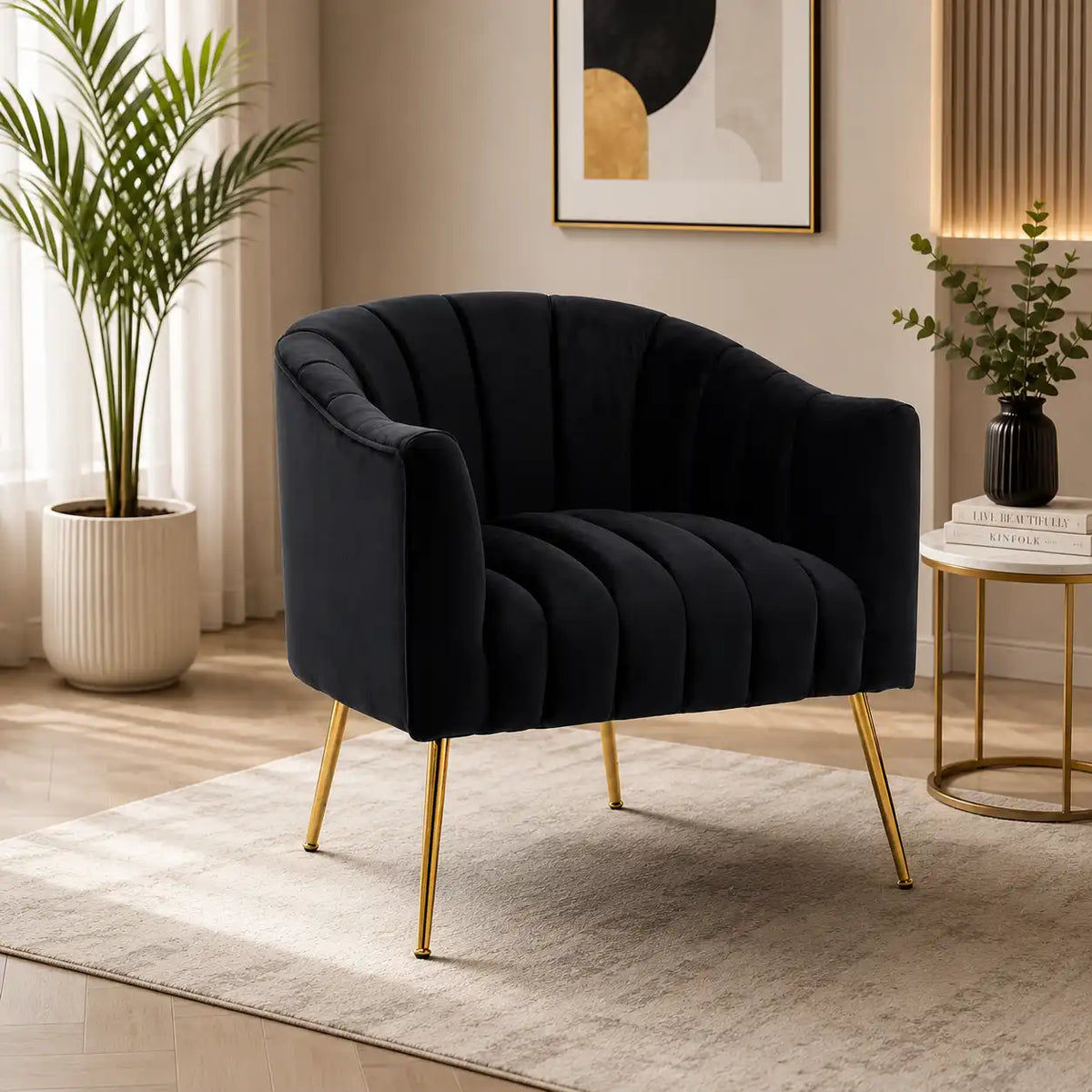 Modern Tufted Black Velvet Sofa Lounge Chair