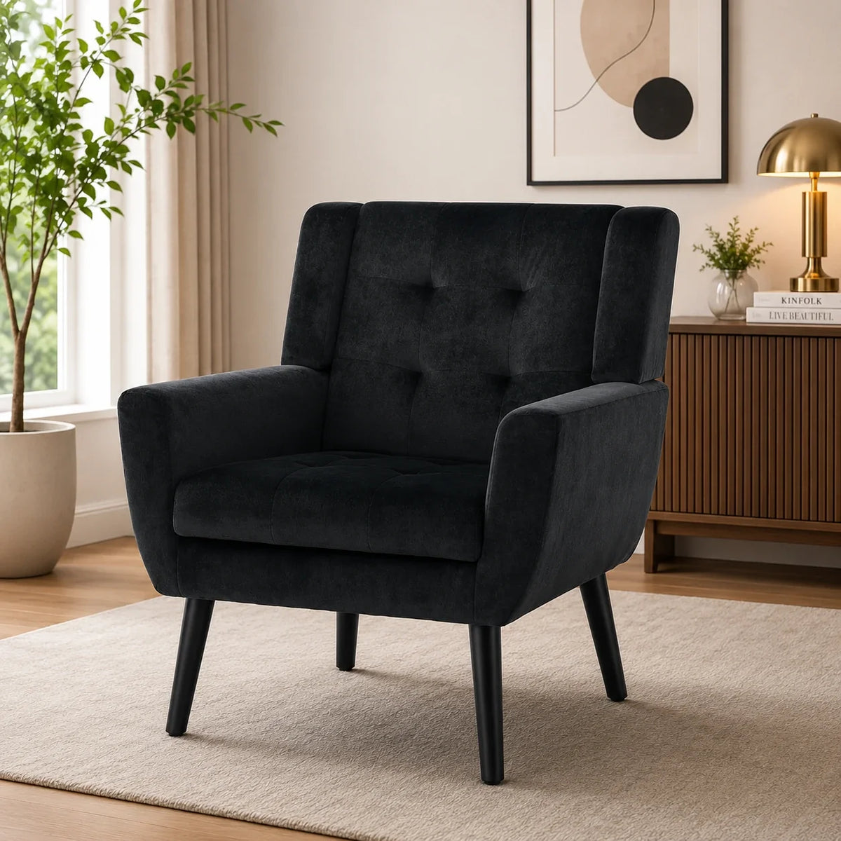 Modern Urban Black Super Soft Velvet Sofa Lounge Chair