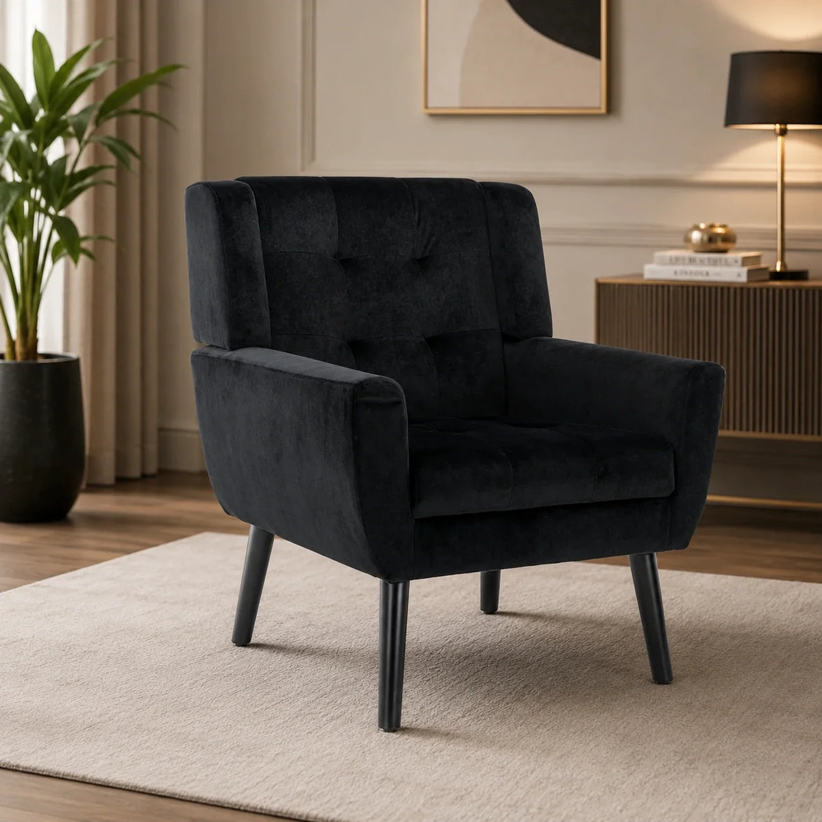 Modern Urban Black Super Soft Velvet Sofa Lounge Chair