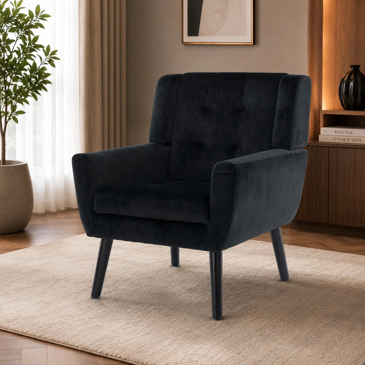 Modern Urban Black Super Soft Velvet Sofa Lounge Chair