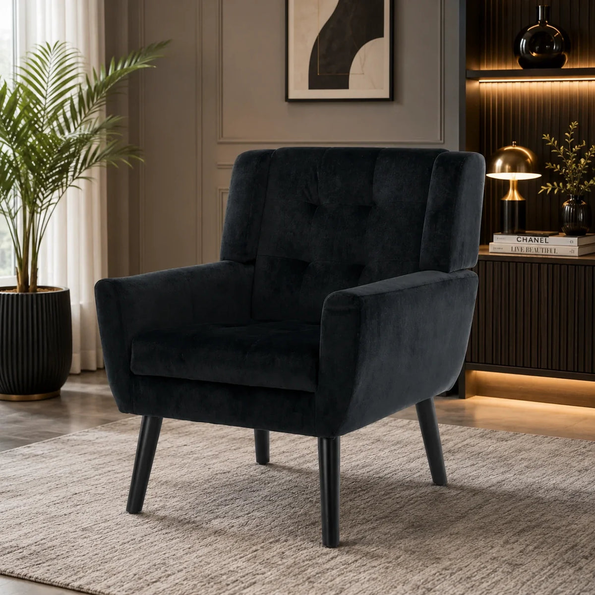 Modern Urban Black Super Soft Velvet Sofa Lounge Chair